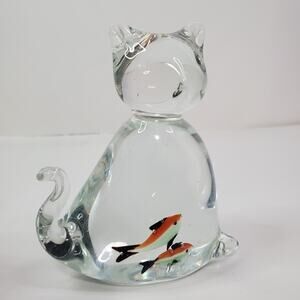 Clear Art Glass Cat with Red Fish Inside Hand Blown Figurine Paperweight 4.5"